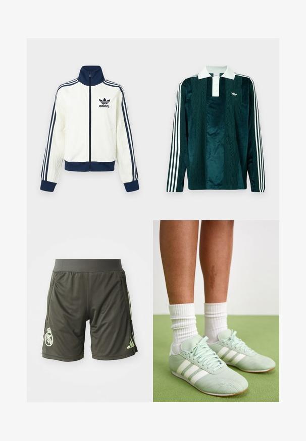 Biela atletická bunda s tmavomodrým golierom a manžetami, s tromi tmavomodrými pruhmi na každom rukáve a reliéfnou textúrou na rukávoch.; Poloko s dlhým rukávom v tmavozelenej zamatovej farbe s bielymi akcentmi. Obsahuje trojité zapínanie na gombíky, vyšívané logo a tri biele pruhy na rukávoch.; Tmavozelené športové šortky s elastickým pásom, vybavené bočnými vreckami a svetlozeleným logom na dolnej ľavej nohavici.; Mentolové športové topánky s bielymi pruhmi, hladký kožený povrch, zaoblený špička a gumená podrážka, doplnené bielymi rebrovanými ponožkami.