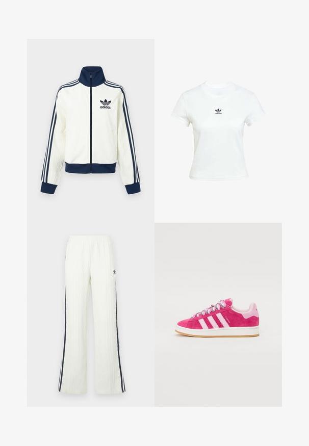 White athletic jacket with a navy collar and cuffs, features three navy stripes along each arm, and an embossed texture on the sleeves.; White cotton t-shirt with short sleeves and a crew neckline. Features a black Adidas logo printed on the chest. Simple, minimal design.; Light cream, cable-knit pants with a flared design. Features dark blue side stripes and an Adidas logo on the hip. Elastic waistband.; Pink suede sneakers with white accents, featuring three white stripes. Thick white rubber sole, padded collar, and patterned laces.