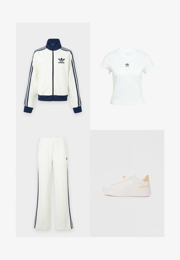 Giacca sportiva bianca con colletto e polsini blu navy, presenta tre strisce blu navy lungo ogni braccio e una texture in rilievo sulle maniche.; T-shirt di cotone bianca con maniche corte e scollo rotondo. Presenta un logo Adidas nero stampato sul petto. Design semplice e minimale.; Pantaloni in maglia a treccia color crema chiaro con design svasato. Presentano strisce laterali blu scuro e un logo Adidas sull'anca. Vita elastica.; Sneaker bianco con tomaia in pelle liscia, linguetta sul tallone gialla a contrasto, suola piattaforma bianca spessa e design minimalista con lacci.