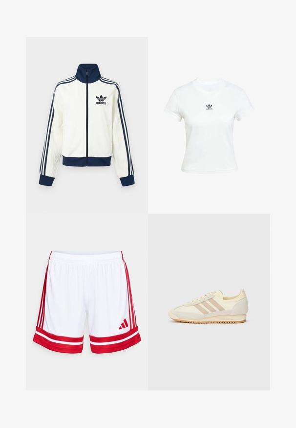 Veste de sport blanche avec un col et des poignets bleu marine, présentant trois bandes bleu marine le long de chaque bras, et une texture embossée sur les manches.; T-shirt en coton blanc à manches courtes et encolure ras du cou. Présente un logo Adidas noir imprimé sur la poitrine. Design simple et minimaliste.; Shorts de sport blancs avec des rayures et une bordure rouges sur les côtés. Ils ont une taille élastique et le logo Adidas en rouge sur le bas à gauche.; Sneaker athlétique crème avec trois rayures beiges, en matériaux en suède et textile, une semelle texturée et une marque en relief sur le talon.
