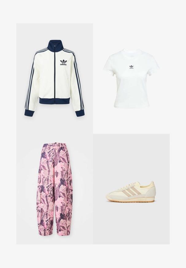 Vit sportjacka med mörkblå krage och mudd, med tre mörkblå ränder längs varje ärm och en präglad struktur på ärmarna.; Vit bomullströja med korta ärmar och rundad halsringning. Har en svart Adidas-logga tryckt på bröstet. Enkel, minimal design.; Rosa och lila mönstrade vida byxor har en design med löv och grenar, med hög midja och sidofickor för ökad funktionalitet.; Krämfärgade atletiska sneakers med tre beige ränder, i mocka och textilmaterial, med en texturerad sula och präglad logotyp på hälen.