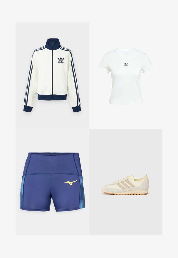 Biela atletická bunda s tmavomodrým golierom a manžetami, s tromi tmavomodrými pruhmi na každom rukáve a reliéfnou textúrou na rukávoch.; Biela bavlnená tričko s krátkymi rukávmi a okrúhlym výstrihom. Na hrudi je vytlačené čierne logo Adidas. Jednoduchý, minimalistický dizajn.; Námornícky modré športové šortky s textúrovaným modrým akcentom po stranách, so žltým logom. Vyrobené z elastickej, vlhkosti odvádzajúcej tkaniny.; Krémové športové tenisky s tromi béžovými pruhmi, z kombinácie semišu a textilného materiálu, so štruktúrovanou podrážkou a reliéfne navrhnutým logom na päte.