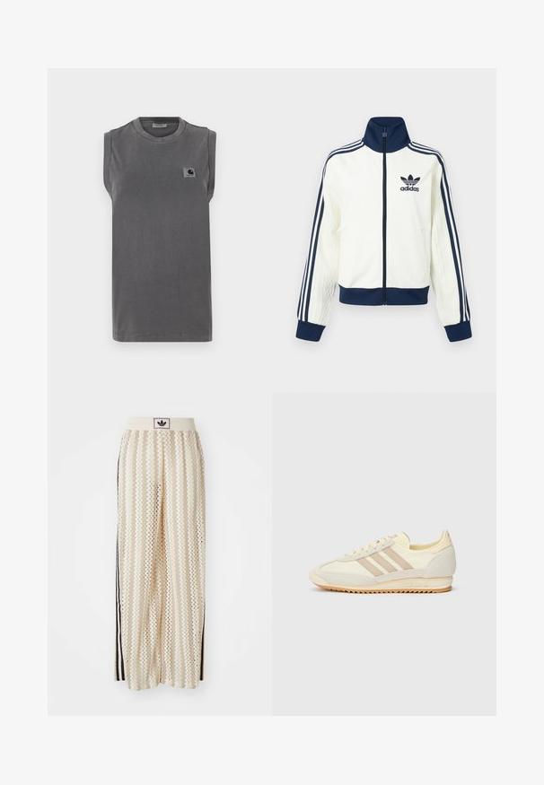 Giacca sportiva bianca con colletto e polsini blu navy, presenta tre strisce blu navy lungo ogni braccio e una texture in rilievo sulle maniche.; Maglietta senza maniche grigia realizzata in tessuto misto cotone. Presenta un colletto tondo e un piccolo patch con logo sulla parte sinistra del petto.; Pantaloni a gamba larga color crema con un motivo a zigzag, dotati di una fascia in vita nera con logo e strisce nere laterali. Tessuto leggero e testurizzato.; Sneaker sportivo crema con tre strisce beige, materiali in suede e tessuto, suola testurizzata e logo in rilievo sul tallone.