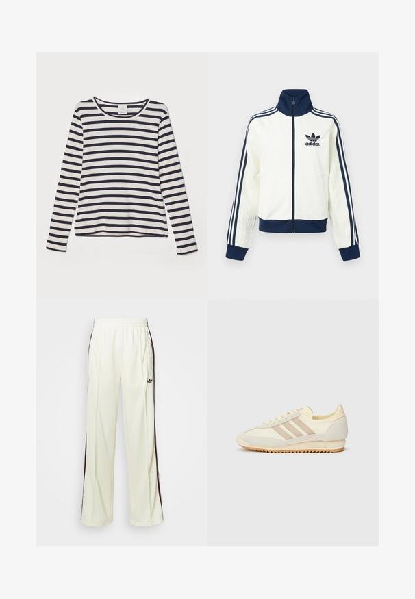 Weiße Sportjacke mit einem marineblauen Kragen und Bündchen, drei marineblaue Streifen entlang jedes Arms und einer geprägten Textur auf den Ärmeln.; Langärmliges Shirt in Creme mit marineblauen horizontalen Streifen, featuring einem runden Halsausschnitt, gerippter Textur und lässiger Passform.; Cremfarbene Jogginghosen mit lockerer Passform, ausgestattet mit dunkelbraunen seitlichen Streifen und einem gestickten Logo auf dem linken Oberschenkel.; Cremefarbene sportliche Sneakers mit drei beigen Streifen, aus Wildleder und Textilmaterialien, einer strukturierten Sohle und geprägtem Branding an der Ferse.