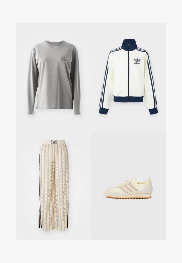 Casaco desportivo branco com gola e punhos azul-marinho, apresenta três riscas azul-marinho ao longo de cada braço e uma textura em relevo nas mangas.; Camisa de algodão cinza de mangas longas com gola redonda e um pequeno detalhe do logo preto no lado esquerdo do peito. Textura suave, ajuste casual.; Calças largas de cor creme com um padrão em zigzag, apresentando uma cintura com logotipo preto e riscas laterais pretas. Tecido leve e texturizado.; Sapatilha atlética creme com três riscas bege, materiais em camurça e tecido, sola texturizada e logo em relevo no calcanhar.