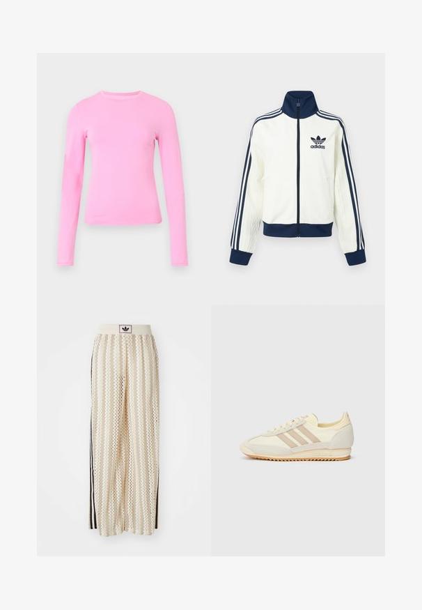 Bela atletska jakna z mornarsko modrim ovratnikom in manšetami, s tremi mornarsko modrimi črtami na vsaki roki ter embosirano teksturo na rokavih.; Majica s dolgimi rokavi iz mehkega roza blaga, z okroglim izrezom in prileganjem. Gladka tekstura brez vidnih vzorcev ali poudarkov.; Hlače širokega kroja kremne barve z zigzag vzorcem, opremljene z črnim logotipom na pasu in stranskimi črnimi črtami. Lahka, teksturirana tkanina.; Kremna atletska teniska obutev z tremi bež črtami, usnjatom in tekstilnim materialom, teksturiranim podplatom ter embosiranim logotipom na peti.