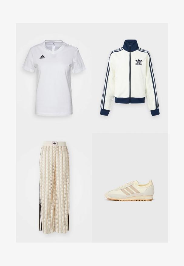 Wit sportjack met een marineblauwe kraag en manchetten, voorzien van drie marineblauwe strepen langs elke arm en een reliëfstructuur op de mouwen.; Witte katoenen t-shirt met een V-halsontwerp, korte mouwen en een zwart Adidas-logo op de linkerborst. Glad textuur, klassieke pasvorm.; Crème kleurige wijde broek met een zigzagpatroon, met een zwarte logo tailleband en zij zwarte strepen. Lichtgewicht, gestructureerde stof.; Crème sport sneaker met drie beige strepen, suède en textielmaterialen, een gestructureerde zool en geperst logo op de hiel.