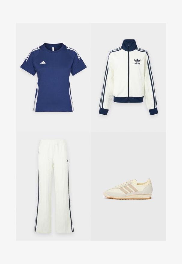 Fehér sportdzseki tengerészkék gallérral és mandzsettával, mindkét karján három tengerészkék csíkkal, a ujjain dombornyomott textúrával.; Sötétkék sportpóló fehér oldalsávokkal és Adidas logóval a mellrészen. Rövid ujjú és kerek nyakú. Pamut keverék anyag.; Világos krémszínű, kötött mintás, bővülő szabású nadrág. Sötétkék oldalsávokkal és Adidas logóval a csípőnél. Rugalmas derékpánt.; Krém színű sportcipő, három bézs csíkkal, velúr és textil anyagokból, texturált talppal és dombornyomott márkázással a saroknál.