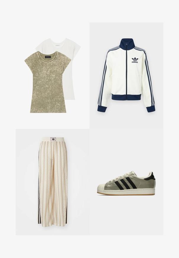 Balta sporta jaka ar tumši zilu apkakli un aprocēm, katrā rokā trīs tumši zili svītriņi un reljefs uz piedurknēm.; Divas īsām piedurknēm T-krekli: viens olīvu zaļš ar teksturētu, ribotu audumu, otrs vienkārši balts. Abiem ir apaļa apkakle un raglāna piedurknes.; Krēmbalti plaša piegriezuma bikses ar zigzaga rakstu, ar melnu logotipa jostu un melnām sānu svītrām. Viegls, teksturēts audums.; Adidas sporta apavi ar metalizētu oliņu krāsas virsu, trīs melnām svītrām, gumijas pirkstu daļu un gumijas zoli. Klasisks dizains ar teksturētu audumu.