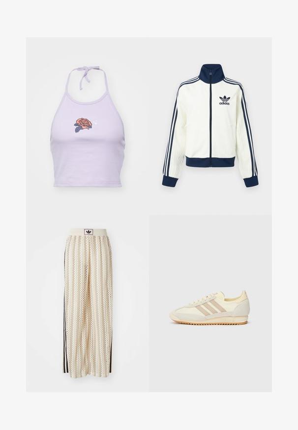 Bela atletska jakna z mornarsko modrim ovratnikom in manšetami, s tremi mornarsko modrimi črtami na vsaki roki ter embosirano teksturo na rokavih.; Lila halter kropska majica iz bombaža, z rožnim vezenjem v oranžni in mornarsko modri barvi, z zavezo na vratu.; Hlače širokega kroja kremne barve z zigzag vzorcem, opremljene z črnim logotipom na pasu in stranskimi črnimi črtami. Lahka, teksturirana tkanina.; Kremna atletska teniska obutev z tremi bež črtami, usnjatom in tekstilnim materialom, teksturiranim podplatom ter embosiranim logotipom na peti.