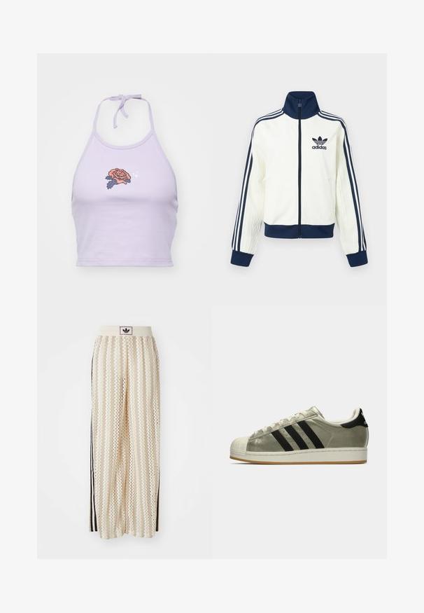 White athletic jacket with a navy collar and cuffs, features three navy stripes along each arm, and an embossed texture on the sleeves.; Lilac halter crop top made of cotton, featuring a rose embroidery design in orange and navy, with a tie closure at the neck.; Cream-colored wide-leg pants with a zigzag pattern, featuring a black logo waistband and side black stripes. Lightweight, textured fabric.; Adidas sneakers with a metallic olive upper, three black stripes, rubber toe cap, and a gum outsole. Classic design with textured fabric.