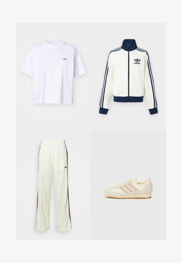 Casaco desportivo branco com gola e punhos azul-marinho, apresenta três riscas azul-marinho ao longo de cada braço e uma textura em relevo nas mangas.; Camiseta de algodão branca com mangas curtas e decote redondo. Apresenta um pequeno logótipo preto "obey" na área do peito esquerdo.; Calças de moletom de cor creme com um ajuste descontraído, apresentando riscas laterais castanhas-escuras e um logótipo bordado na coxa esquerda.; Sapatilha atlética creme com três riscas bege, materiais em camurça e tecido, sola texturizada e logo em relevo no calcanhar.