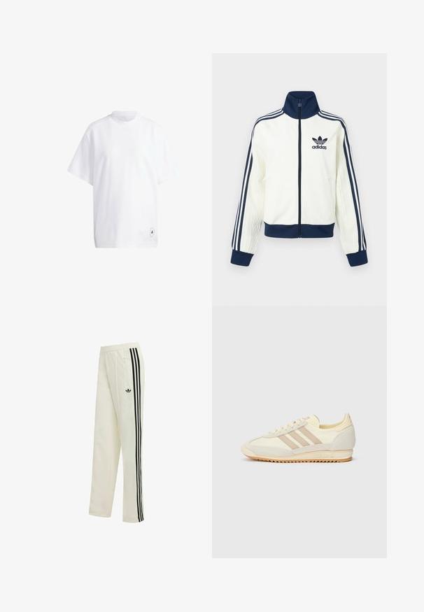Bijela sportska jakna s tamnoplavim ovratnikom i manšetama, s tri tamnoplave pruge na svakom rukavu i reljefnom teksturom na rukavima.; Bijela pamučna majica s kratkim rukavima, okruglim izrezom i opuštenim krojem. Značajna karakteristika: mali crni grafički logotip na rubu.; Hlače od krem boje s crnim trostrukim prugama duž strane, s malim logotipom i elastičnom trakom u struku.; Kremaste atletske tenisice s tri bež pruge, od nubuk kožne i tekstilne tkanine, s teksturiranim potplatom i utisnutim brendiranjem na peti.