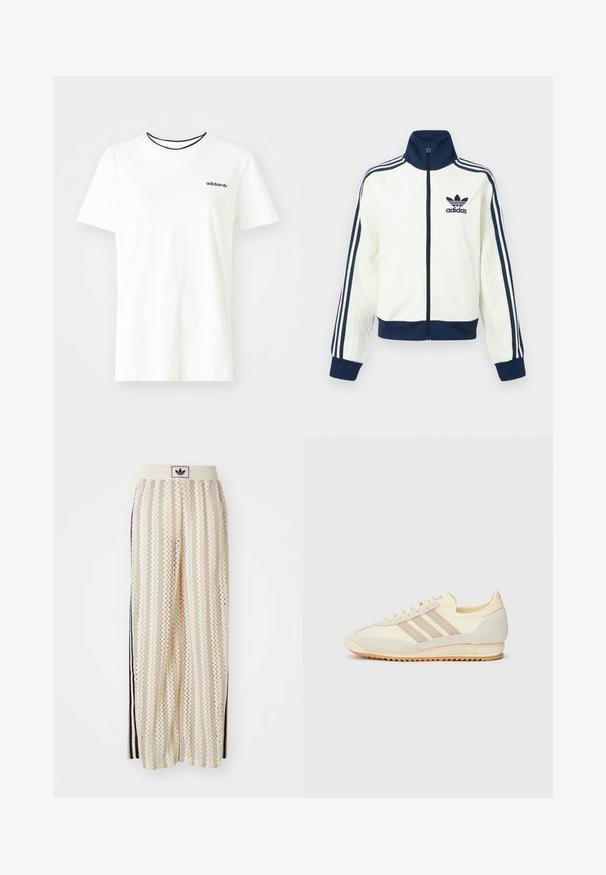 Bela atletska jakna z mornarsko modrim ovratnikom in manšetami, s tremi mornarsko modrimi črtami na vsaki roki ter embosirano teksturo na rokavih.; Bela bomba majica iz bombaža s kratkimi rokavi in okroglim izrezom. Ima črni Adidas logotip na prsih ter kontrastni črni notranji ovratnik.; Hlače širokega kroja kremne barve z zigzag vzorcem, opremljene z črnim logotipom na pasu in stranskimi črnimi črtami. Lahka, teksturirana tkanina.; Kremna atletska teniska obutev z tremi bež črtami, usnjatom in tekstilnim materialom, teksturiranim podplatom ter embosiranim logotipom na peti.