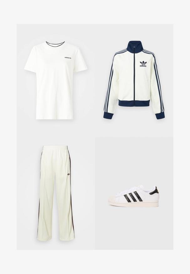 Hvit atletisk jakke med marineblå krage og mansjetter, med tre marineblå striper langs hver arm og en preget tekstur på ermene.; Hvit bomull t-skjorte med korte ermer og rund hals. Har en svart Adidas-logo på brystet og en kontrasterende svart indre krage.; Kremfargede joggebukser med en avslappet passform, som har mørkebrune sidestriper og en brodert logo på venstre lår.; Hvite joggesko med svarte teksturerte striper og detaljer; har gummitåhette, flate lisser og polstring rundt ankelen.