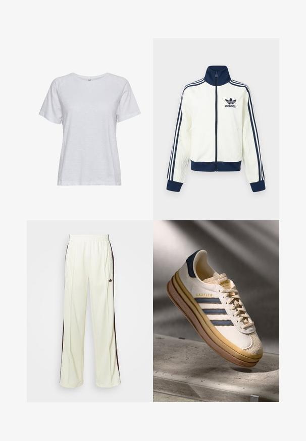 Balta sportinė striukė su tamsiai mėlynu apykakle ir rankogaliais, su trimis tamsiai mėlynomis juostelėmis ant kiekvienos rankovės ir iškilio tekstūra rankovėse.; Balta, trumpa rankovėmis marškinėliai, pagaminti iš lengvos medžiagos, su apvaliu iškirpimu, lygiu paviršiumi ir paprastu dizainu be raštų.; Kreminės spalvos laisvos kelnės, turinčios tamsiai rudas šonines juostas ir išsiuvinėtą logotipą kairiajame šlaunyje.; Adidas Gazelle sportbačiai su kremine zomšine viršutine dalimi, mėlynomis odinėmis detalėmis, trimis mėlynomis juostelėmis, béžiniu tarpu ir rudąja guma.
