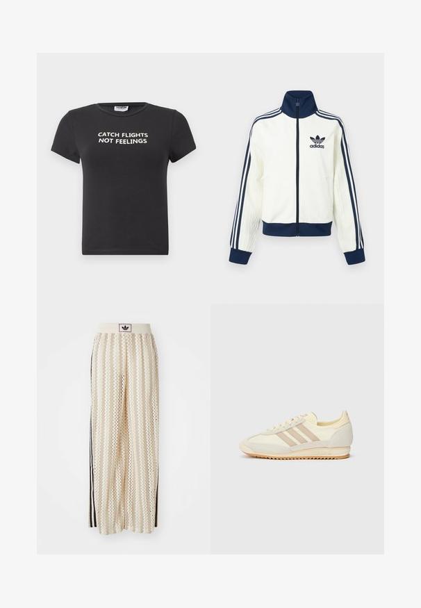 White athletic jacket with a navy collar and cuffs, features three navy stripes along each arm, and an embossed texture on the sleeves.; Black cotton t-shirt with short sleeves featuring white text that reads "CATCH FLIGHTS NOT FEELINGS." Classic crew neck design.; Cream-colored wide-leg pants with a zigzag pattern, featuring a black logo waistband and side black stripes. Lightweight, textured fabric.; Cream athletic sneaker featuring three beige stripes, suede and textile materials, a textured sole, and embossed branding on the heel.