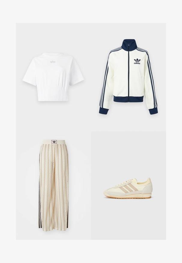 Wit sportjack met een marineblauwe kraag en manchetten, voorzien van drie marineblauwe strepen langs elke arm en een reliëfstructuur op de mouwen.; Witte, cropped t-shirt van zachte stof, met korte mouwen, een ronde hals en een subtiele zilveren logo op de borst.; Crème kleurige wijde broek met een zigzagpatroon, met een zwarte logo tailleband en zij zwarte strepen. Lichtgewicht, gestructureerde stof.; Crème sport sneaker met drie beige strepen, suède en textielmaterialen, een gestructureerde zool en geperst logo op de hiel.