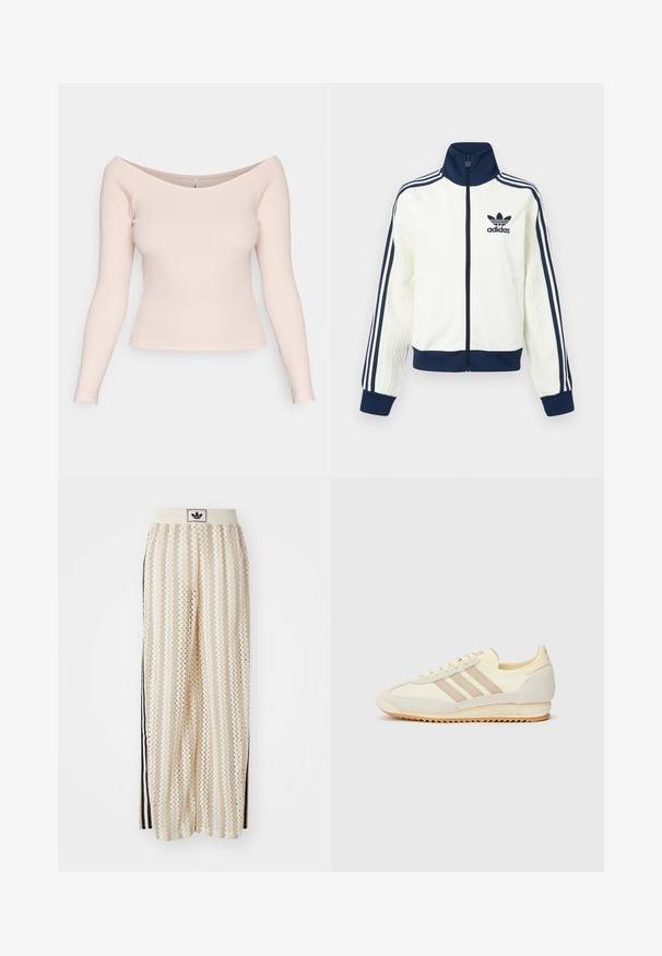White athletic jacket with a navy collar and cuffs, features three navy stripes along each arm, and an embossed texture on the sleeves.; Light pink, ribbed long-sleeve top with an off-the-shoulder neckline and fitted design. Smooth texture; no visible patterns or hardware.; Cream-colored wide-leg pants with a zigzag pattern, featuring a black logo waistband and side black stripes. Lightweight, textured fabric.; Cream athletic sneaker featuring three beige stripes, suede and textile materials, a textured sole, and embossed branding on the heel.