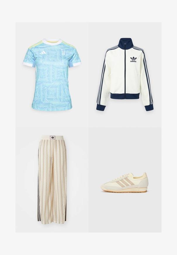 Bílá sportovní bunda s tmavě modrým límcem a manžetami, s třemi tmavě modrými pruhy na každém rukávu a reliéfní strukturou na rukávech.; Světle modrý sportovní dres s vlnkovým vzorem, bílým límcem a žlutými akcenty. Vyroben z prodyšného materiálu, navržený pro sport.; Krémové široké kalhoty s cikcak vzorem, s černým logem na pásu a černými pruhy po stranách. Lehčí, texturovaná tkanina.; Krémové sportovní tenisky s třemi béžovými pruhy, z velurové a textilní materiály, s texturovanou podrážkou a embosovaným logem na patě.
