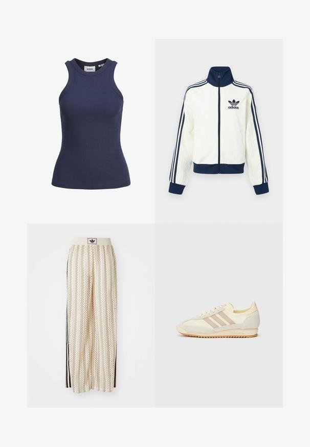 White athletic jacket with a navy collar and cuffs, features three navy stripes along each arm, and an embossed texture on the sleeves.; Navy blue ribbed tank top with a high neckline and sleeveless design. Features a fitted shape and stretchable texture. Tag visible inside.; Cream-colored wide-leg pants with a zigzag pattern, featuring a black logo waistband and side black stripes. Lightweight, textured fabric.; Cream athletic sneaker featuring three beige stripes, suede and textile materials, a textured sole, and embossed branding on the heel.