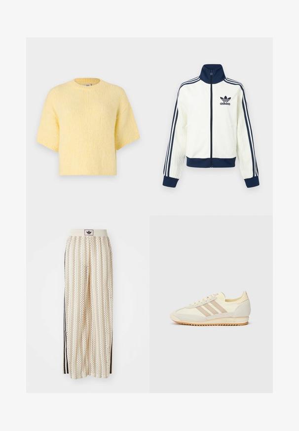 Balta sportinė striukė su tamsiai mėlynu apykakle ir rankogaliais, su trimis tamsiai mėlynomis juostelėmis ant kiekvienos rankovės ir iškilio tekstūra rankovėse.; Trumpas rankovėmis, megztas geltonas džemperis, laisvas kirpimas, apvalus iškirpimas, minkšta tekstūra, raštuoti kraštai ir kasdienis siluetas.; Grietos spalvos plačios kelnės su zigzagų raštu, turinčios juodą logotipo juostą ir šonines juodas juosteles. Lengvas, tekstūruotas audinys.; Kreminių spalvų sportiniai bateliai su trimis bežinėmis juostelėmis, pagaminti iš zomšos ir tekstilės medžiagų, su tekstūruota baze ir įspaustu prekiniu ženklu ant kulno.