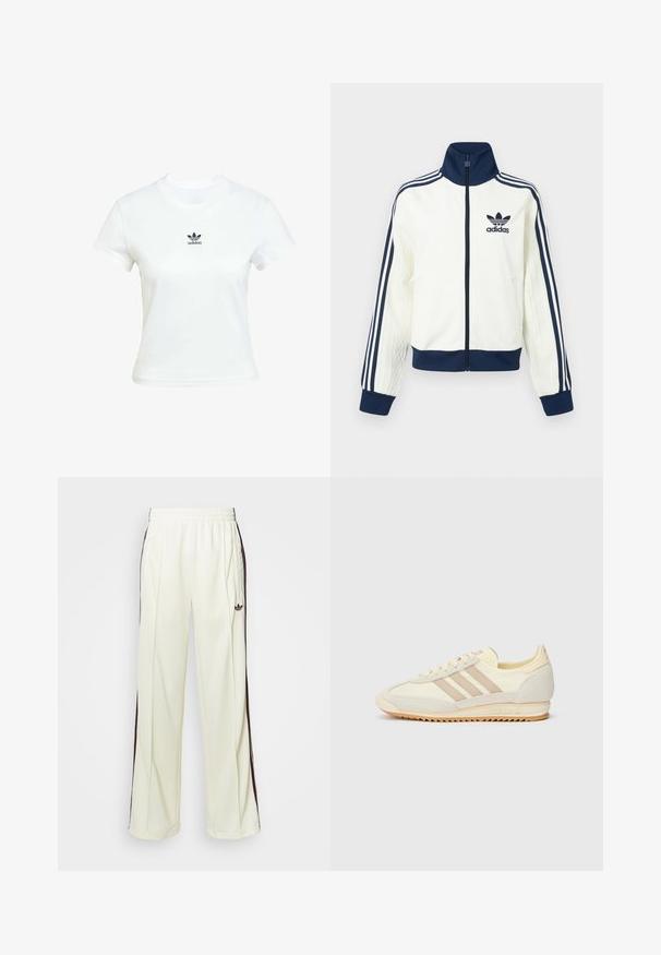 Wit sportjack met een marineblauwe kraag en manchetten, voorzien van drie marineblauwe strepen langs elke arm en een reliëfstructuur op de mouwen.; Witte katoenen T-shirt met korte mouwen en een ronde hals. Voorzien van een zwart Adidas-logo op de borst. Eenvoudig, minimalistisch ontwerp.; Crème-kleurige sweatpants met een relaxte pasvorm, voorzien van donkerbruine zijstrepen en een geborduurd logo op de linkerdij.; Crème sport sneaker met drie beige strepen, suède en textielmaterialen, een gestructureerde zool en geperst logo op de hiel.