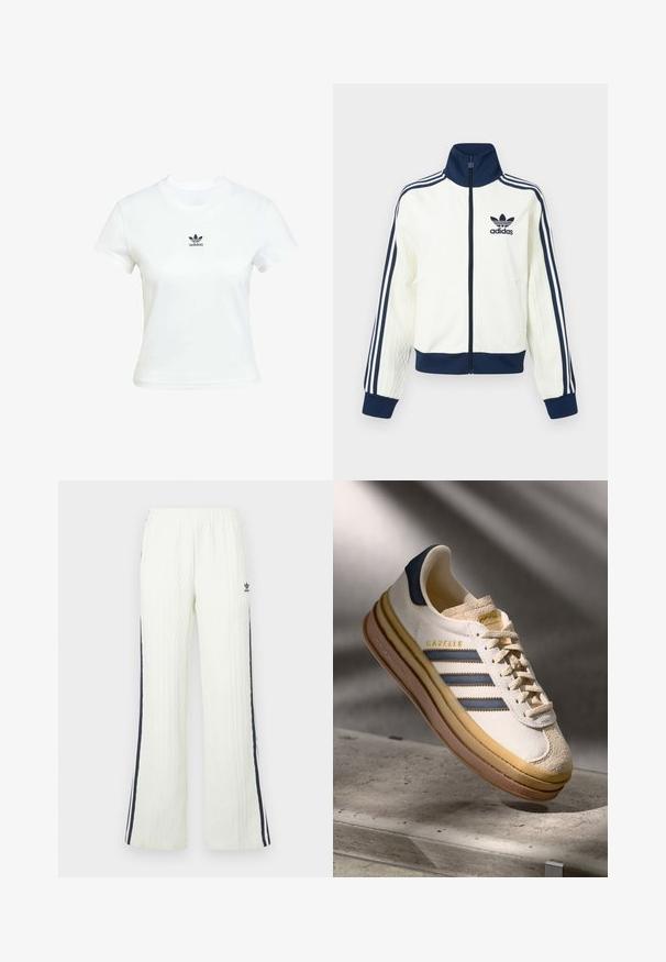 Giacca sportiva bianca con colletto e polsini blu navy, presenta tre strisce blu navy lungo ogni braccio e una texture in rilievo sulle maniche.; T-shirt di cotone bianca con maniche corte e scollo rotondo. Presenta un logo Adidas nero stampato sul petto. Design semplice e minimale.; Pantaloni in maglia a treccia color crema chiaro con design svasato. Presentano strisce laterali blu scuro e un logo Adidas sull'anca. Vita elastica.; Sneaker Adidas Gazelle con tomaia in suede crema, accenti in pelle blu, tre strisce blu, suola intermedia beige e suola in gomma marrone.