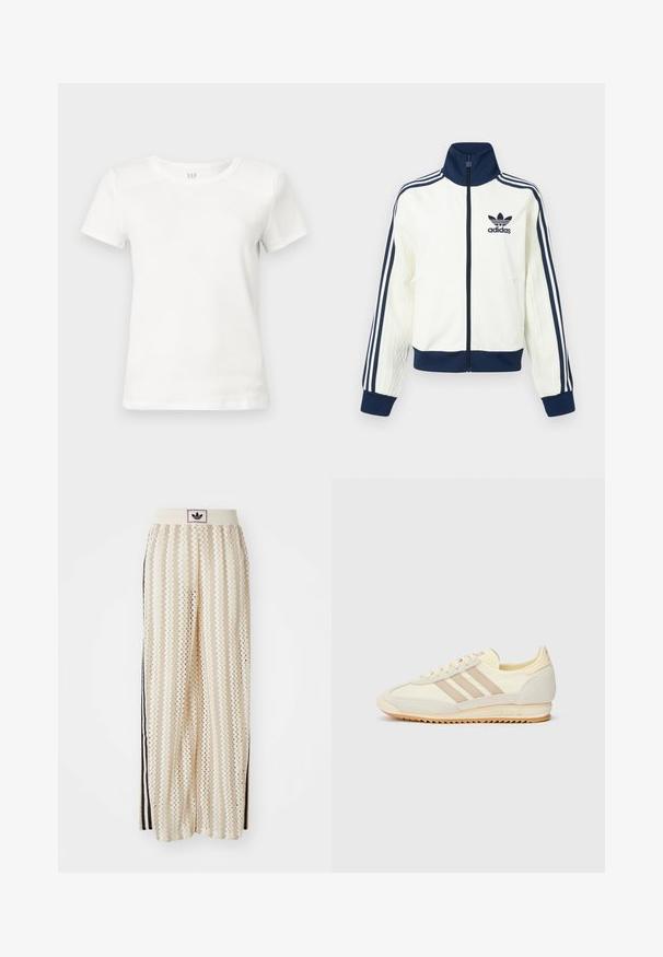 Jachetă sport albă cu guler și manșete bleumarin, cu trei dungi bleumarin de-a lungul fiecărui braț și cu o textură embosată pe mâneci.; Tricou alb din bumbac, mâneci scurte, guler rotund, textură netedă, croi dreaptă, etichete vizibile în interiorul gulerului, fără imprimeuri sau embellismente.; Pantaloni largi de culoare crem, cu un model în zigzag, având un brâu cu logo negru și dungi laterale negre. Material ușor, texturat.; Adidași atletici crem cu trei dungi bej, realizati din materiale din suede și textil, cu o talpă texturată și un logo embosat pe toc.