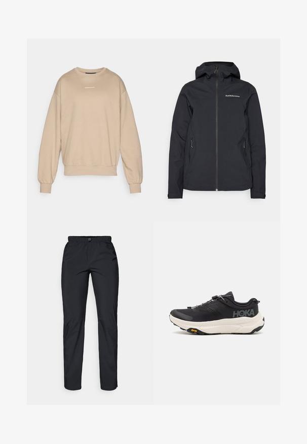 Black waterproof jacket with a hood, front zipper, two side pockets, and logo detailing on the chest. Smooth texture and modern design.; Beige sweatshirt made of soft fabric, featuring a crew neck, ribbed cuffs, and a small white logo on the chest. Structured and relaxed fit.; Black, lightweight, water-resistant pants with an elastic waistband and two side pockets; smooth texture; straight-leg design.; Black athletic shoes with a breathable mesh upper, rubber outsole, white cushioning midsole, and reflective laces. Vibram logo on outsole.