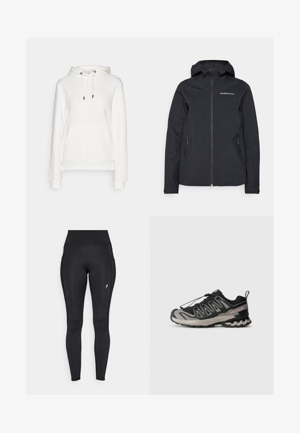 Schwarze wasserdichte Jacke mit Kapuze, Frontreißverschluss, zwei Seitentaschen und Logodetails auf der Brust. Glatte Textur und modernes Design.; Peak Performance ORIGINAL SMALL LOGO - Kapuzenpullover - offwhite; Schwarze, knöchellange Leggings aus dehnbarem Material mit hoher Taille, seitlichen Taschen und einem kleinen Logo am linken Oberschenkel.; Schwarzer und grauer Sportschuh mit einem Obermaterial aus Mesh, Gummisohle und elastischem Schnürsystem. Verfügt über eine verstärkte Zehenkappe und strukturierte Akzente.