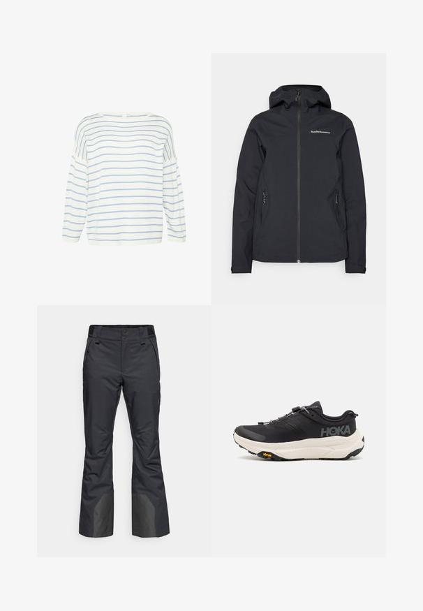 Veste imperméable noire avec capuche, fermeture éclair sur le devant, deux poches latérales et logo sur la poitrine. Texture lisse et design moderne.; Haut à manches longues blanc avec des rayures horizontales bleues. Il présente un large décolleté et une coupe ample, fabriqué à partir d'un tissu doux au toucher lisse.; Pantalons de neige noirs en matériau durable, avec une coupe droite, des poches intégrées et des panneaux inférieurs renforcés pour une protection supplémentaire.; Baskets de sport noires avec une tige en mesh respirant, une semelle en caoutchouc, un intermédiaire de coussin en blanc et des lacets réfléchissants. Logo Vibram sur la semelle.