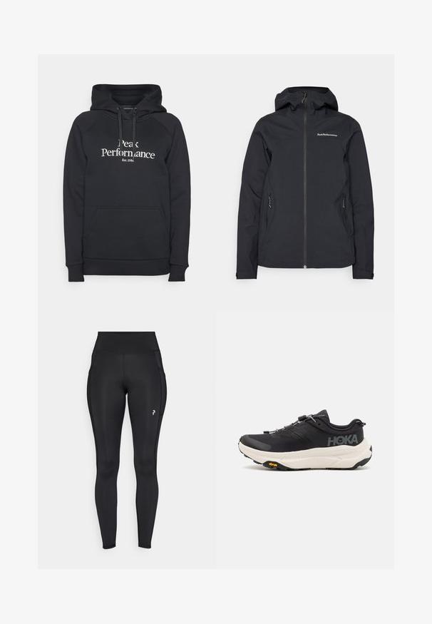 Giacca nera impermeabile con cappuccio, zip frontale, due tasche laterali e dettagli del logo sul petto. Texture liscia e design moderno.; Peak Performance ORIGINAL HOOD - Felpa con cappuccio - black/off white; Leggings neri a tutta lunghezza realizzati in materiale elastico, dotati di vita alta, tasche laterali e un piccolo logo sulla coscia sinistra.; Scarpe da ginnastica nere con tomaia in mesh traspirante, suola in gomma, intersuola bianca ammortizzante e lacci riflettenti. Logo Vibram sulla suola.