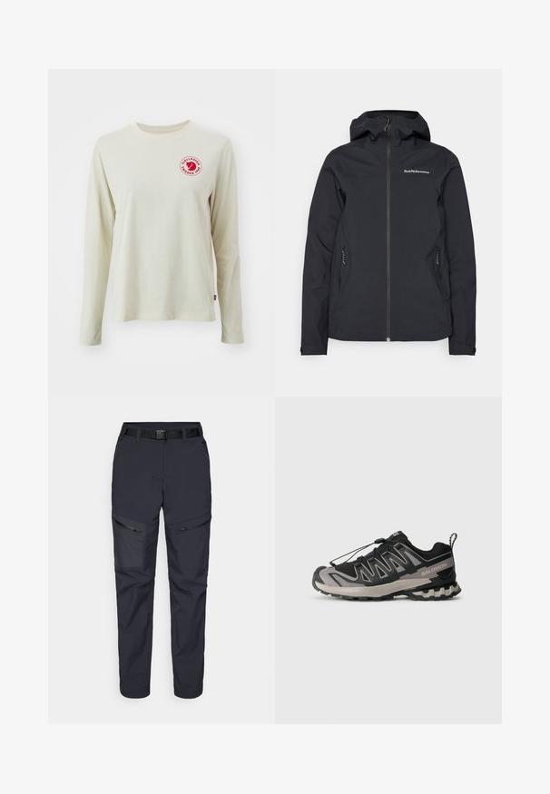 Crna vodootporna jakna s kapuljačom, prednjim zatvaračem, dva bočna džepa i logotipom na prsima. Glatka tekstura i moderni dizajn.; Svijetlosmeđa majica dugih rukava od pamuka, s okruglim izrezom i crvenim kružnim logom na prsima s tekstom i grafikom.; Mornarske hlače za vanjske aktivnosti napravljene od sintetičkog materijala, sa zatvorenim džepovima na patentni zatvarač, remenom i dizajnom sužene nogavice. Glatka tekstura s minimalnim akcentima.; Crno-siva atletska cipela s mrežastim gornjim dijelom, gumenim potplatom i elastičnim sistemom vezanja. Ima pojačani vrh i strukturirane detalje.