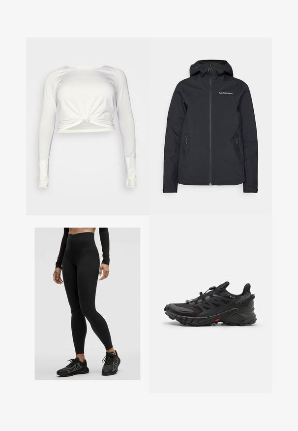 Veste imperméable noire avec capuche, fermeture éclair sur le devant, deux poches latérales et logo sur la poitrine. Texture lisse et design moderne.; lululemon SWIFTLY TECH LONG SLEEVE - T-shirt à manches longues - white/white; Leggings noirs taille haute en matière extensible, avec une texture lisse. Assortis à des chaussures de sport noires avec des détails en maille.; Des chaussures de sport noires avec un dessus texturé, dotées d'un système de lacets sécurisé, d'une semelle rembourrée et d'un accent rouge prominent sur le côté.