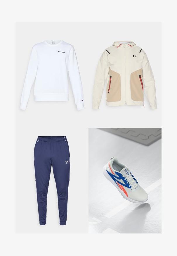 Helle Creme- und Beigetöne Jacke mit Kapuze, die kontrastierende schwarze Akzente und rote Reißverschlussdetails aufweist. Glatte Textur, mit Reißverschlusstaschen.; Weißes Baumwoll-Sweatshirt mit langen Ärmeln, rundem Ausschnitt, gerippten Bündchen und Saum, mit kleinem schwarzem "Champion"-Logo auf der Brust.; Under Armour CHALLENGER TRAINING - Jogginghose - midnight navy/white; Weiße Sportschuh mit blauen und roten Akzenten, geschnürt und schwebend über einem hellgrauen Boden mit einer Linie und Matte im Hintergrund.