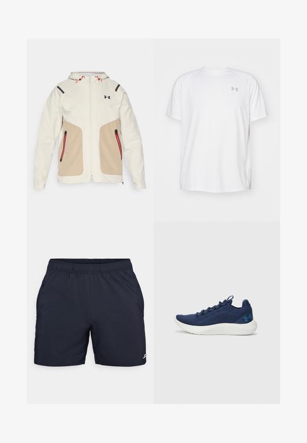 Ljusgrön och beige jacka med huva, med kontrasterande svarta accenter och röda dragkedjedetaljer. Slät textur, fickor med dragkedja.; Vit kortärmad träningsskjorta tillverkad av mjukt tyg. Har rund halsringning och en grå logo på vänster bröst, med sidoflikar vid fållen.; Marina blå idrottsshorts med elastisk midja, sidofickor och mjukt, lätt material; har en liten logotyp på nedre benet.; Marinblå löparskor med en texturerad stickad övre del, vit mellansula och en logotypakzent. Har en låg profil och snörningsdesign.