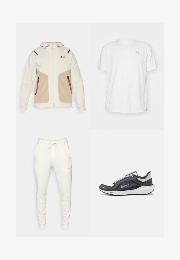 Casaco em creme claro e bege com capuz, apresentando contrastes em preto e detalhes em zíper vermelho. Textura suave, com bolsos com zíper.; Camisola atlética de mangas curtas brancas, feita de um tecido suave. Apresenta um decote redondo e um logótipo cinza no lado esquerdo do peito, com aberturas laterais na barra.; Calças de fato brancas feitas de um tecido suave, com uma cintura elástica e cordão, bolsos laterais e punhos canelados.; Sapatilha atlética preta e cinza com parte superior em malha, detalhes reflexivos e uma entressola branca. Apresenta uma sola de borracha texturizada e atacadores.