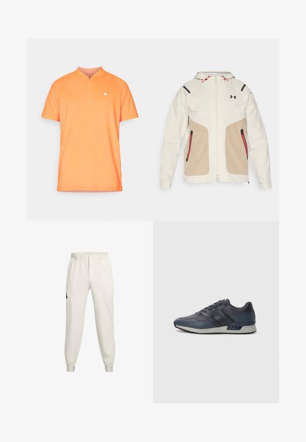 Svetlý krémový a béžový kabát s kapucňou, s kontrastnými čiernymi akcentmi a červenými zipsami. Hladká textúra, kapsy na zips.; Krátky rukáv, oranžová polo košeľa so stojatým golierom a polovičným zipsom vpredu. Obsahuje malé biele logo na ľavej hrudi. Hladká textúra.; Svetlo béžové jogger nohavice s elastickým pásom, bočnými vreckami a rebrovanými manžetami; majú čierny logotyp na ľavom boku.; Pánske atletické topánky v tmavom námorníckom odtieni s vrchnou časťou z sieťoviny a syntetického materiálu. Obsahujú viazanie na šnúrky, polstrovaný golier a gumovú podrážku s textúrovaným gripom.
