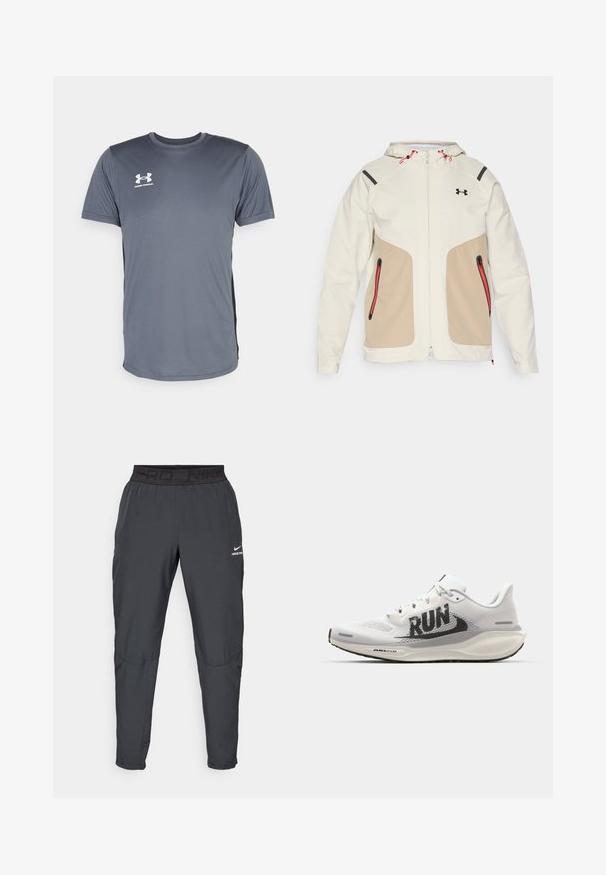 Ljusgrön och beige jacka med huva, med kontrasterande svarta accenter och röda dragkedjedetaljer. Slät textur, fickor med dragkedja.; Grå atletisk t-shirt med korta ärmar. Har en rund halsringning och en vit Under Armour-logotyp på vänster bröst. Slät textur.; Nike Pro byxor i mörkgrått, med ett svart elastiskt midjeband som har texten "PRD" och "NIKE PRO", slät tygkvalitet, taperad design och subtila sömnadsdetaljer.; Vit löparsko med mesh-övre, stort svart "RUN"-grafik, ljusgrå detaljer och en dämpad sula med "AIR 200M"-logotyp.