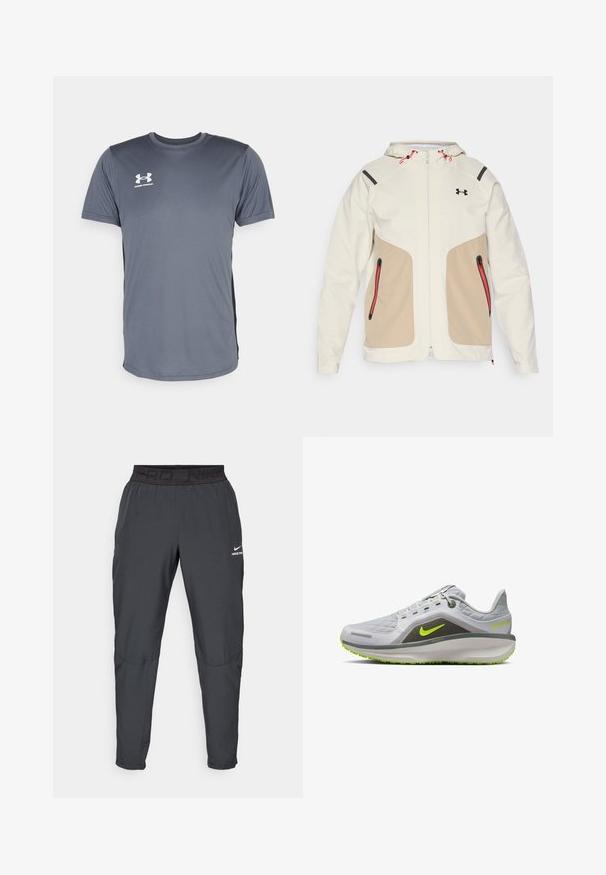 Chaqueta de color crema claro y beige con capucha, que presenta acentos negros en contraste y detalles en cremallera rojos. Textura suave, bolsillos con cremallera.; Camiseta deportiva gris de manga corta. Presenta un cuello redondo y un logo blanco de Under Armour en el pecho izquierdo. Textura suave.; Pantalones Nike Pro en gris oscuro, con una cinturilla elástica negra que lleva el texto "PRD" y "NIKE PRO", tejido suave, diseño ajustado y detalles de costura sutiles.; Zapatilla deportiva gris con parte superior texturizada, acentos en verde neón, una suela acolchada y un diseño ligero. Presenta un logo visible y detalles.