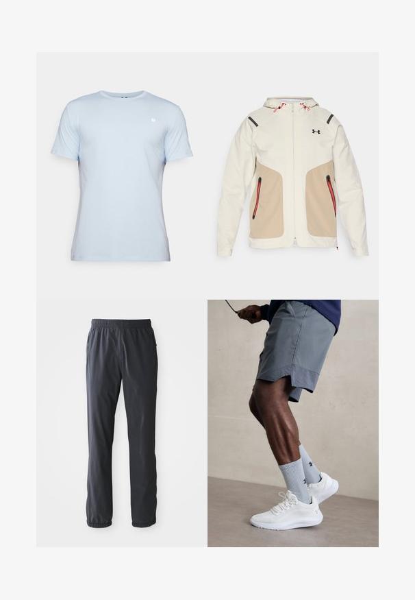 Gaišas krēms un bēše jaka ar kapuci, ar kontrastējošiem melniem akcentiem un sarkanu rāvējslēdzēju detaļām. Gluda tekstūra, kabatas ar rāvējslēdzēju.; Gaiši zils īsās piedurknes T-krekls, kas izgatavots no mīksta auduma. Tam ir apaļa izgriezne un neliels balts logo kreisajā krūtīs.; Vīriešu tumši pelēki viegli bikses ar elastīgu jostasvietu un potīšu aizdari, priekšējie kabatas ar rāvējslēdzējiem, izklātas uz baltas fona.; Baltas sporta apavu pāris ar strukturētu acs virsu, apvienots ar gaiši zilo riboto zeķu pāri, kurā ir zīmols. Pelēki sporta šorti ar perforētu apdari.