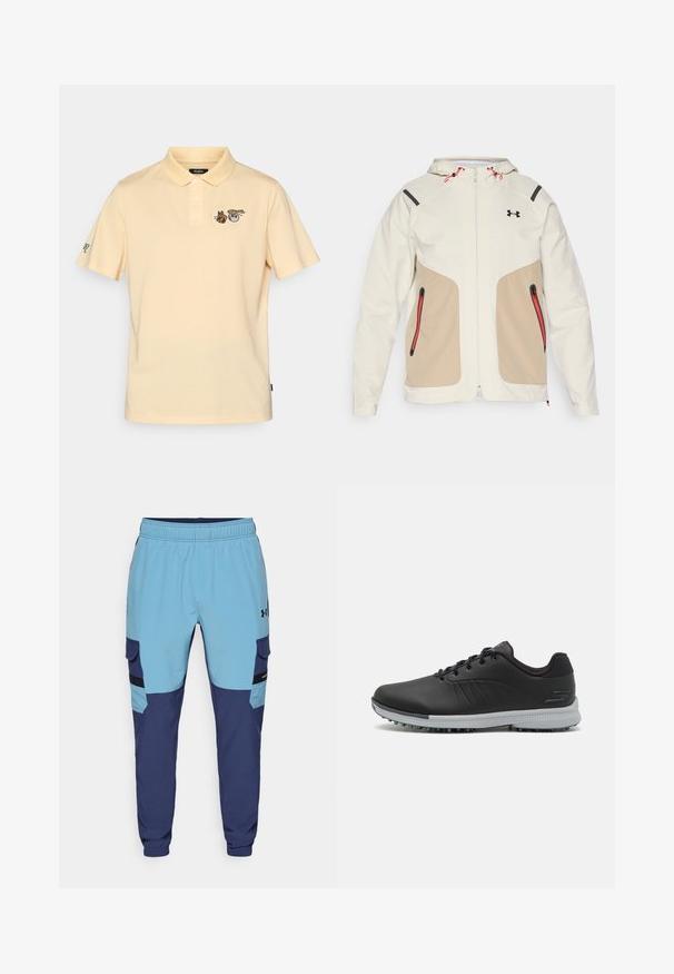 Lys kremfarget og beige jakke med hette, med kontrasterende svarte detaljer og røde glidelåser. Glatt tekstur, med glidelåslommer.; Lys gul polo skjorte med korte ermer, tre-knapp placket, og broderte dyretegninger på brystet og ermene.; Blå og marineblå joggebukser med elastisk midjebånd, sidelommer og cargo-lignende detaljer. Laget av myk, pustende stoff.; Sorte syntetiske golf sko med teksturert overdel, snøring, og grå såle med pigger for godt grep.