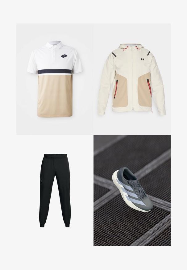 Lyscreme- og beigejakke med hætte, der har kontrastfarvede sorte detaljer og røde lynlåse. Glat tekstur, lynlåslommer.; Polo shirt med hvidtop, beige bund og marineblå horisontal stribe. Har en knapkrave og et logo på brystet. Struktureret stof.; Sorte træningsbukser med elastisk talje, tætsiddende bendesign, sidelommer og kontrasterende paneldetaljer. Let og glat stof.; Sportssko i grå og hvid, lavet af syntetisk materiale, med et strømlinet design, tekstureret overflade og fremtrædende snøresystem.