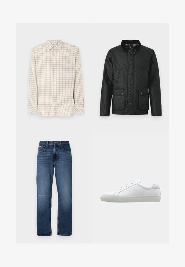 Zwarte waterdichte jas met een fluwelen kraag, drukknoopsluiting, twee voorzakken en een zachte textuur. Voorzien van een geruite voering.; Lichtgrijze gebreide trui met lange mouwen, ronde halslijn en een klein logo geborduurd op de borst. Zachte textuur, casual ontwerp.; Geruite shirt met een licht beige achtergrond, voorzien van kleine bruine en donkerrode vierkantjes, lange mouwen, button-down kraag en opgestikte zak.; Blauwe denim jeans met een rechte pijpdesign. Bevat vervaagde delen en lichte slijtage aan de voorkant, met een klassieke knoopsluiting.; Witte sneaker met een gladlederen bovenwerk en een laag profiel. Voorzien van een ronde neus, zes vetergaatjes en een gestructureerde rubberen zool.