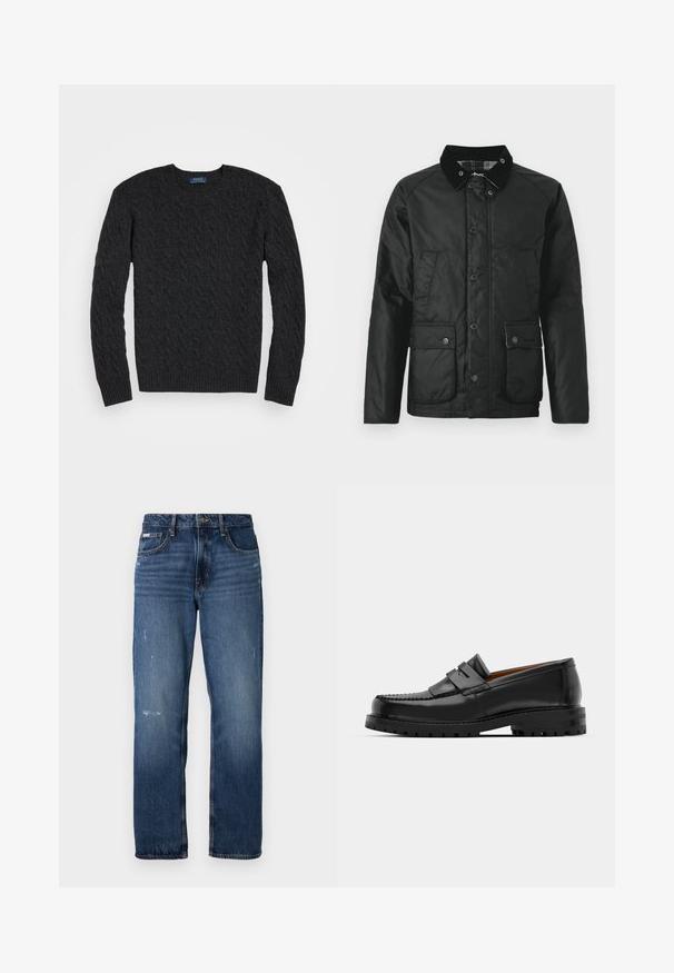Casaco impermeável preto com colarinho aveludado, botões de pressão, dois bolsos frontais e uma textura suave. Apresenta um forro xadrez.; Suéter de malha canelada cinza escuro com mangas longas, gola redonda e punhos e bainha canelados. Feito de um tecido texturizado para proporcionar calor.; Jeans de ganga azul com um design de perna reta. Apresentam áreas desbotadas e ligeira desgastação na frente, com um fecho clássico por botão.; Os mocassins de couro preto apresentam uma costura elevada, duas tiras decorativas na parte superior e uma sola grossa e texturizada para maior aderência.