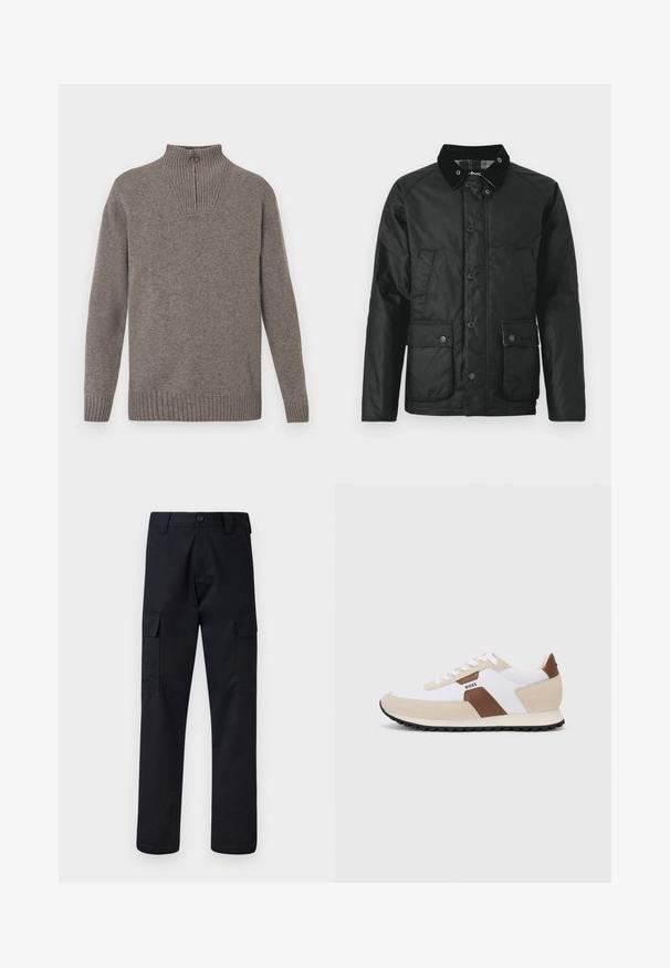 Casaco impermeável preto com colarinho aveludado, botões de pressão, dois bolsos frontais e uma textura suave. Apresenta um forro xadrez.; Sweater cinza de malha com colarinho alto, textura canelada e fecho de zíper de um quarto. Corte reto e punhos e barra canelados.; Calças cargo pretas feitas de tecido resistente, com corte de perna direita, dois bolsos laterais e fecho de botão na cintura.; Sapatilhas com uma combinação de malha branca e camurça bege, com um detalhe em pele castanha. Bico arredondado, sola de borracha plana e design com atacadores.