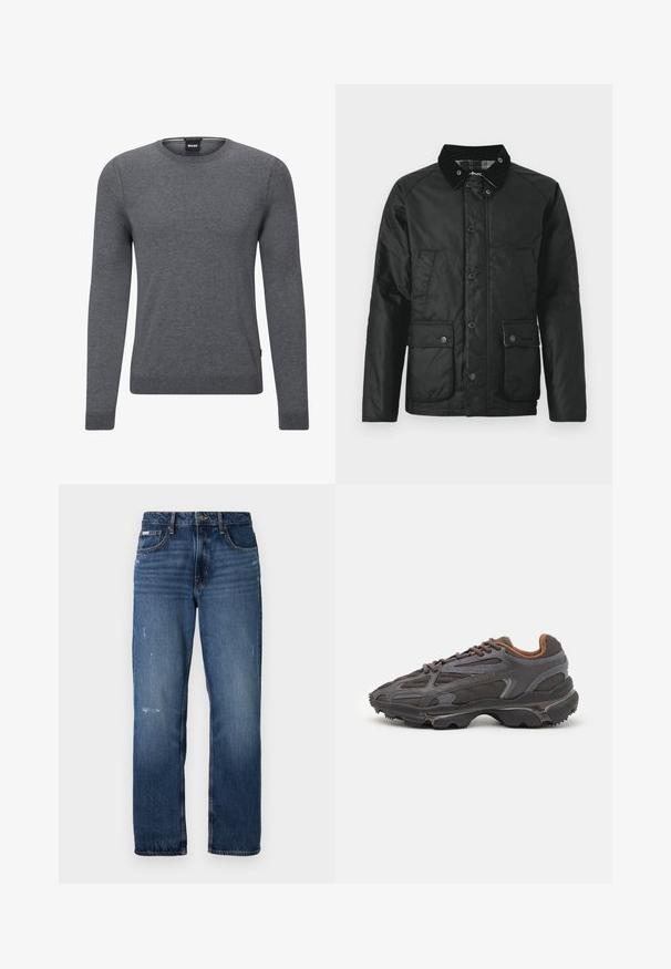 Fekete vízálló dzseki, bársonyos gallérral, patentgombokkal, két elülső zsebből és puha textúrával. Kockás bélés jellemzi.; Szürke, kerek nyakú pulóver puha kötött anyagból. Hosszú ujjakkal rendelkezik, bordás mandzsettákkal és aljjal, valamint egy kis logó címkével az oldalon.; Kék farmernadrág egyenes lábvágással. Halványodott területekkel és enyhe kopással az elülső részén, klasszikus gombzárással.; Sötét szürke Lacoste sportcipők hálós és szintetikus anyagból, textúrázott talppal és barna díszítésekkel a nyak részen és a logón.