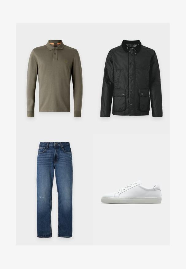 Schwarze wasserdichte Jacke mit einem samtigen Kragen, Druckknöpfen, zwei vorderen Taschen und einer weichen Textur. Hat ein kariertes Futter.; Langärmliges olivgrünes Polohemd aus weicher Baumwolle, mit klassischem Kragen, zwei Knopfverschluss und einem geprägten Logopatch.; Blaue Denim-Jeans mit geradem Bein. Sie verfügen über ausgewaschene Bereiche und leichte Abnutzungsspuren auf der Vorderseite sowie einen klassischen Knopfverschluss.; Weißer Sneaker mit glattem Lederobermaterial und niedrigem Profil. Verfügt über eine runde Zehenpartie, sechs Ösen und eine strukturierte Gummisohle.