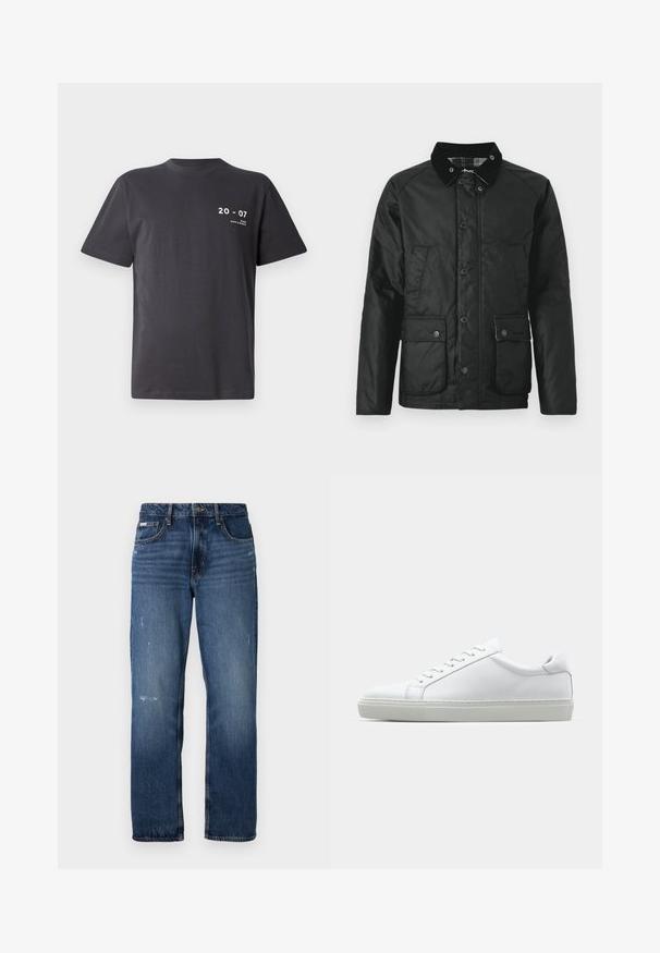 Czarna wodoodporna kurtka z welurowym kołnierzem, zatrzaskami, dwoma przednimi kieszeniami i miękką teksturą. Posiada podszewkę w kratę.; Czarny t-shirt z bawełny, krótkie rękawy, okrągły dekolt, z białym nadrukiem: "20 - 07" oraz "MIAMI DAYS & NIGHTS" z przodu.; Niebieskie dżinsy z prostą nogawką. Posiadają wyblakłe obszary oraz lekkie przetarcia na przodzie, z klasycznym zapięciem na guzik.; Białe sneakersy z gładką skórzaną cholewką i niskim profilem. Posiadają okrągły nos, sześć dziurek na sznurówki oraz teksturowaną gumową podeszwę.